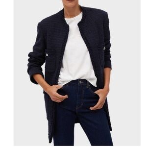 NWT Mango Longline Tweed Coat Open Front Long Tweed Jacket Navy Blue Size XS